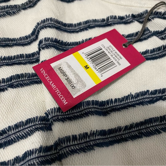 VINCE CAMUTO Women's Ivory/navy Fringe-striped Tassel-hem Sheath Dress SZ M. - Picture 8 of 11